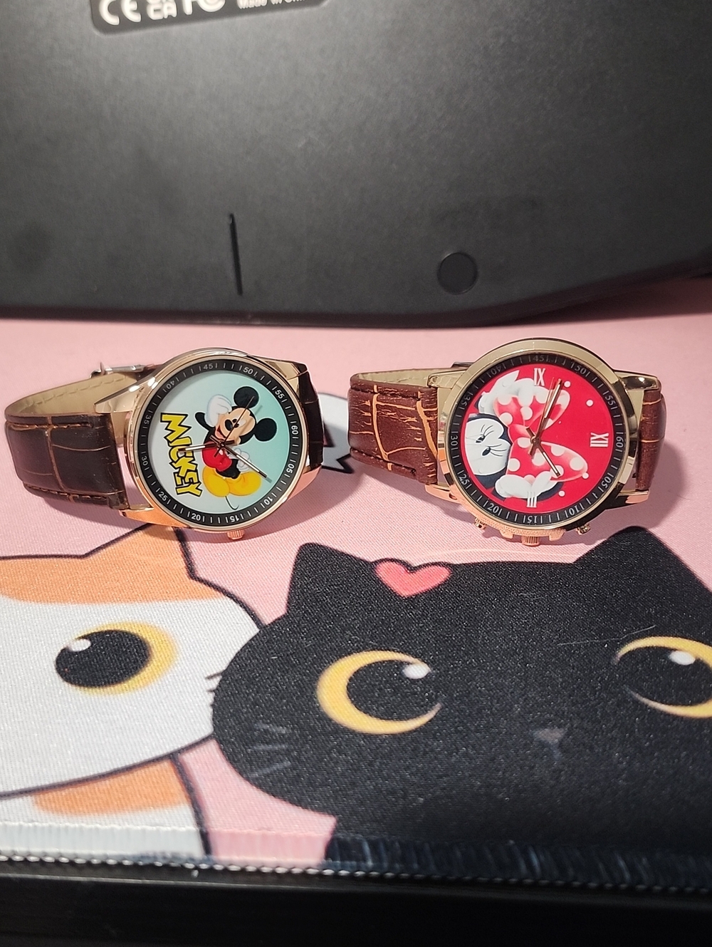 Disney Rose Gold Case Mickey and Minnie Character Watches with Brown Straps